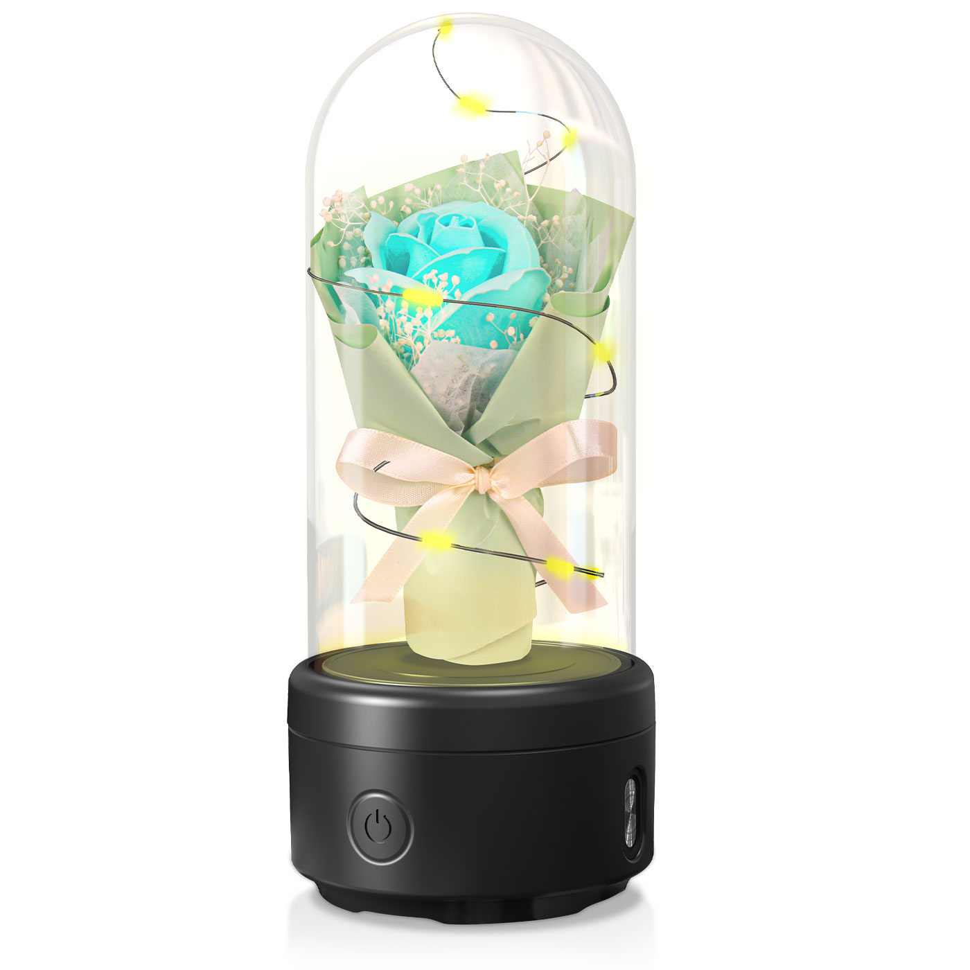 2-in-1 LED Rose Bouquet Night Light with Bluetooth Speaker – Glass Dome Decorative Gift