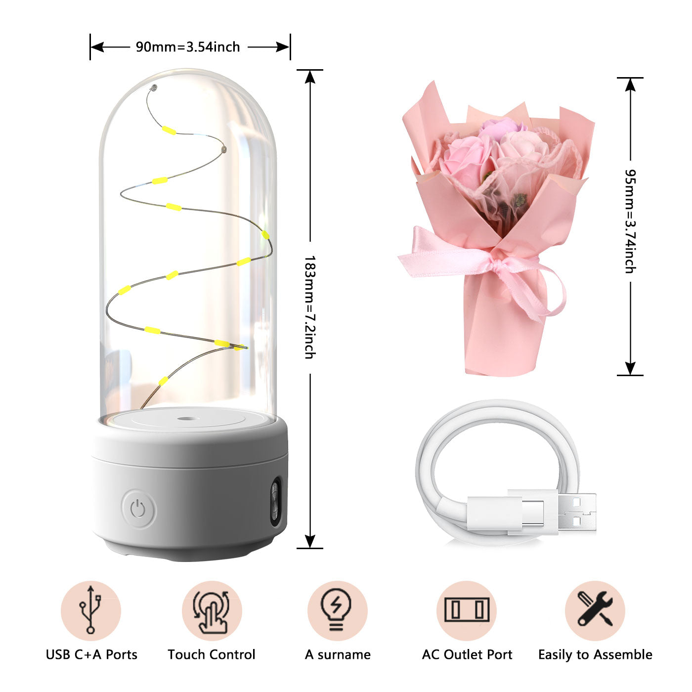 2-in-1 LED Rose Bouquet Night Light with Bluetooth Speaker – Glass Dome Decorative Gift