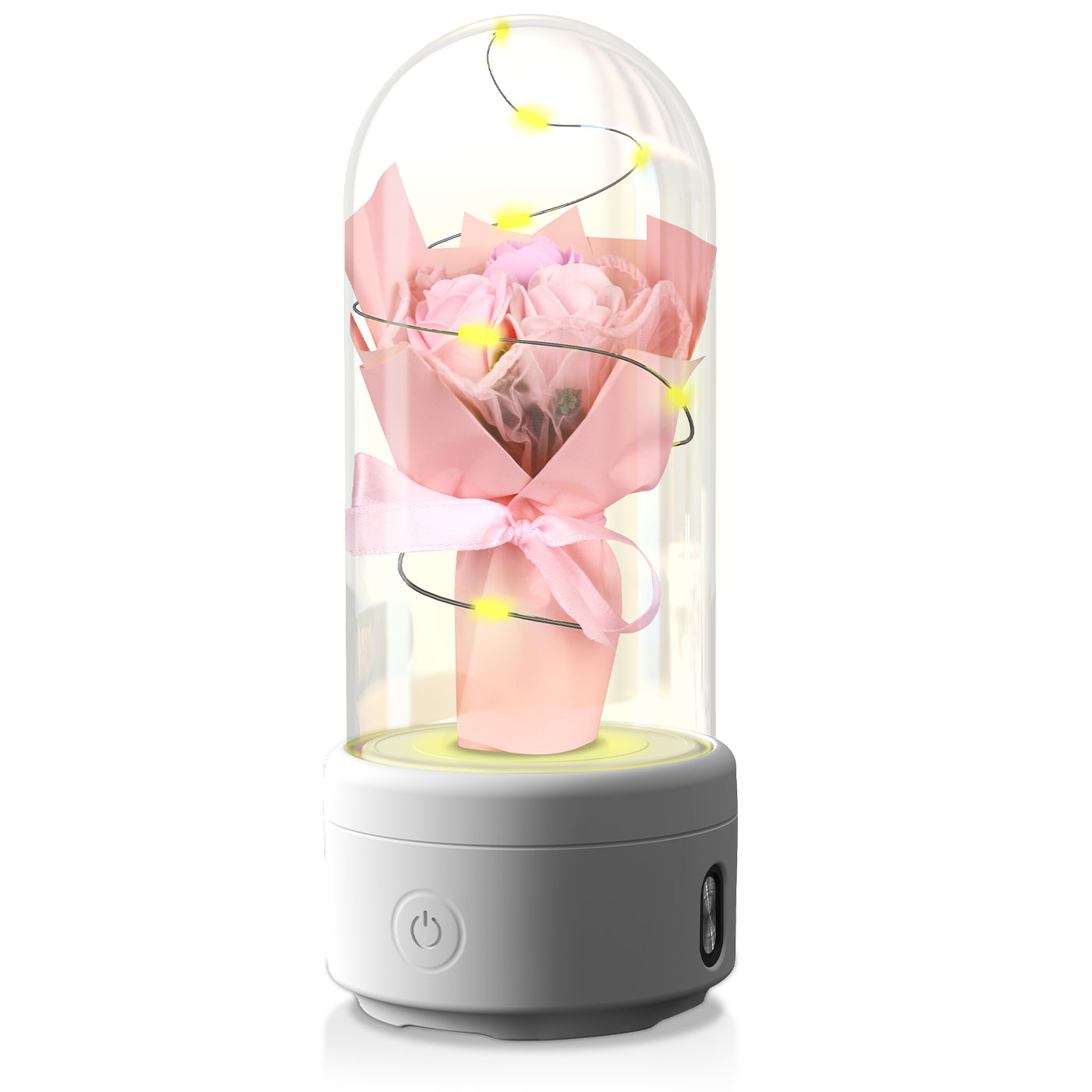 2-in-1 LED Rose Bouquet Night Light with Bluetooth Speaker – Glass Dome Decorative Gift