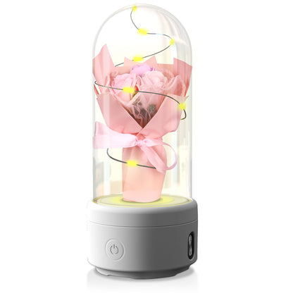 2-in-1 LED Rose Bouquet Night Light with Bluetooth Speaker – Glass Dome Decorative Gift