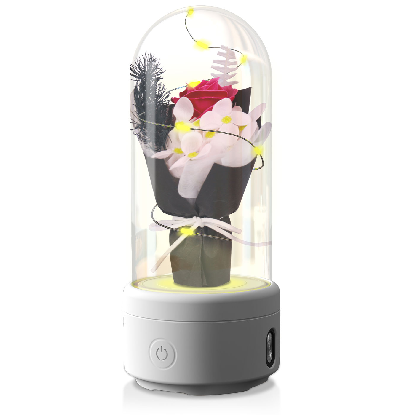 2-in-1 LED Rose Bouquet Night Light with Bluetooth Speaker – Glass Dome Decorative Gift
