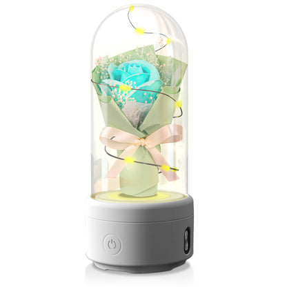 2-in-1 LED Rose Bouquet Night Light with Bluetooth Speaker – Glass Dome Decorative Gift