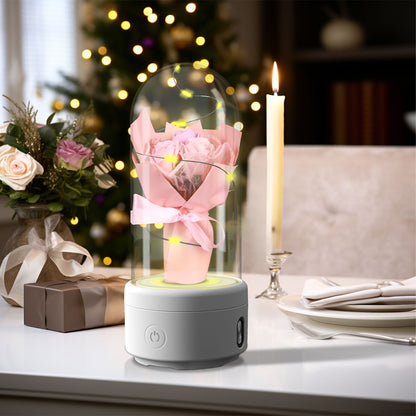 2-in-1 LED Rose Bouquet Night Light with Bluetooth Speaker – Glass Dome Decorative Gift