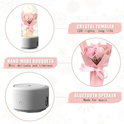 2-in-1 LED Rose Bouquet Night Light with Bluetooth Speaker – Glass Dome Decorative Gift