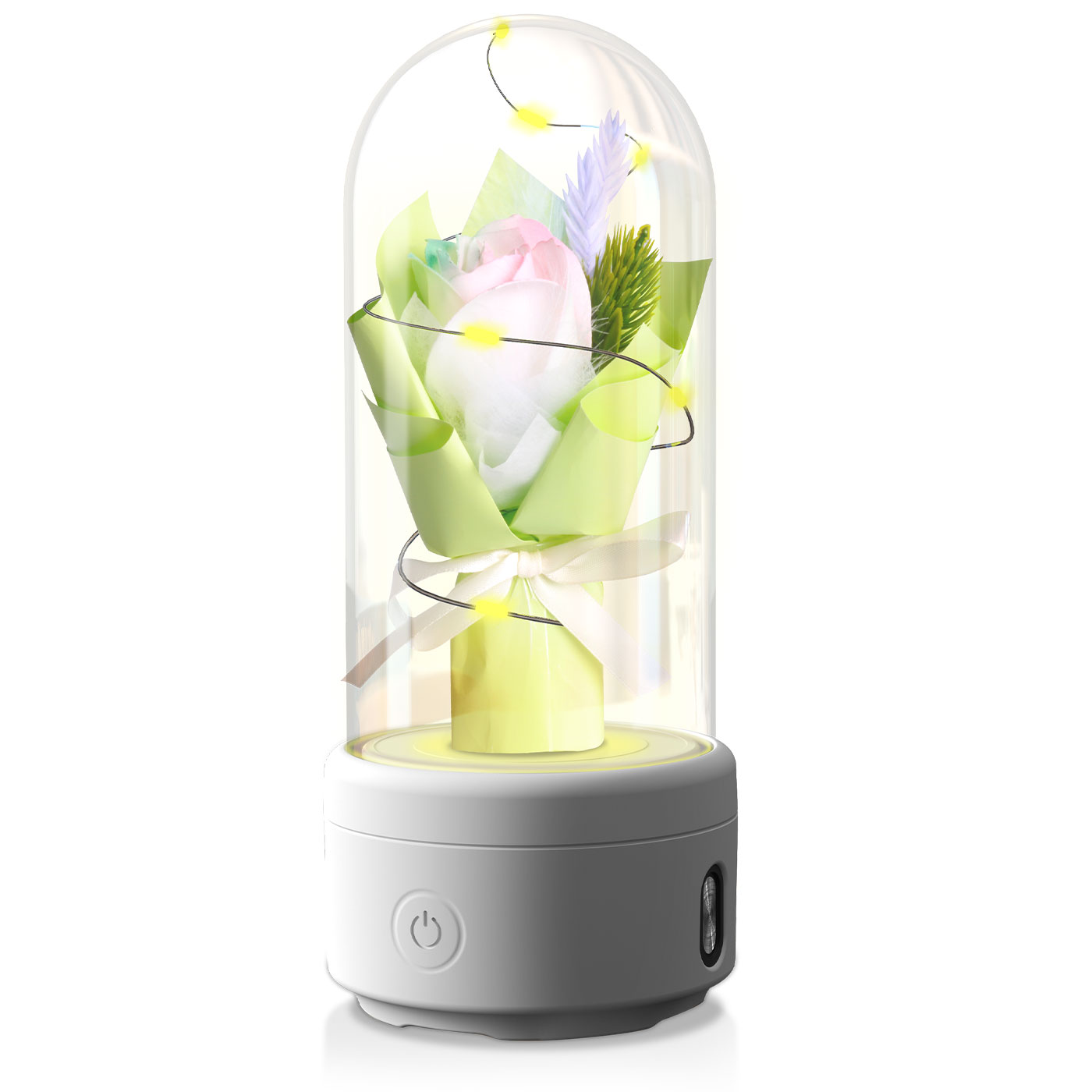 2-in-1 LED Rose Bouquet Night Light with Bluetooth Speaker – Glass Dome Decorative Gift