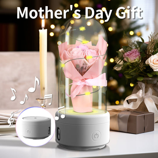 2-in-1 LED Rose Bouquet Night Light with Bluetooth Speaker – Glass Dome Decorative Gift